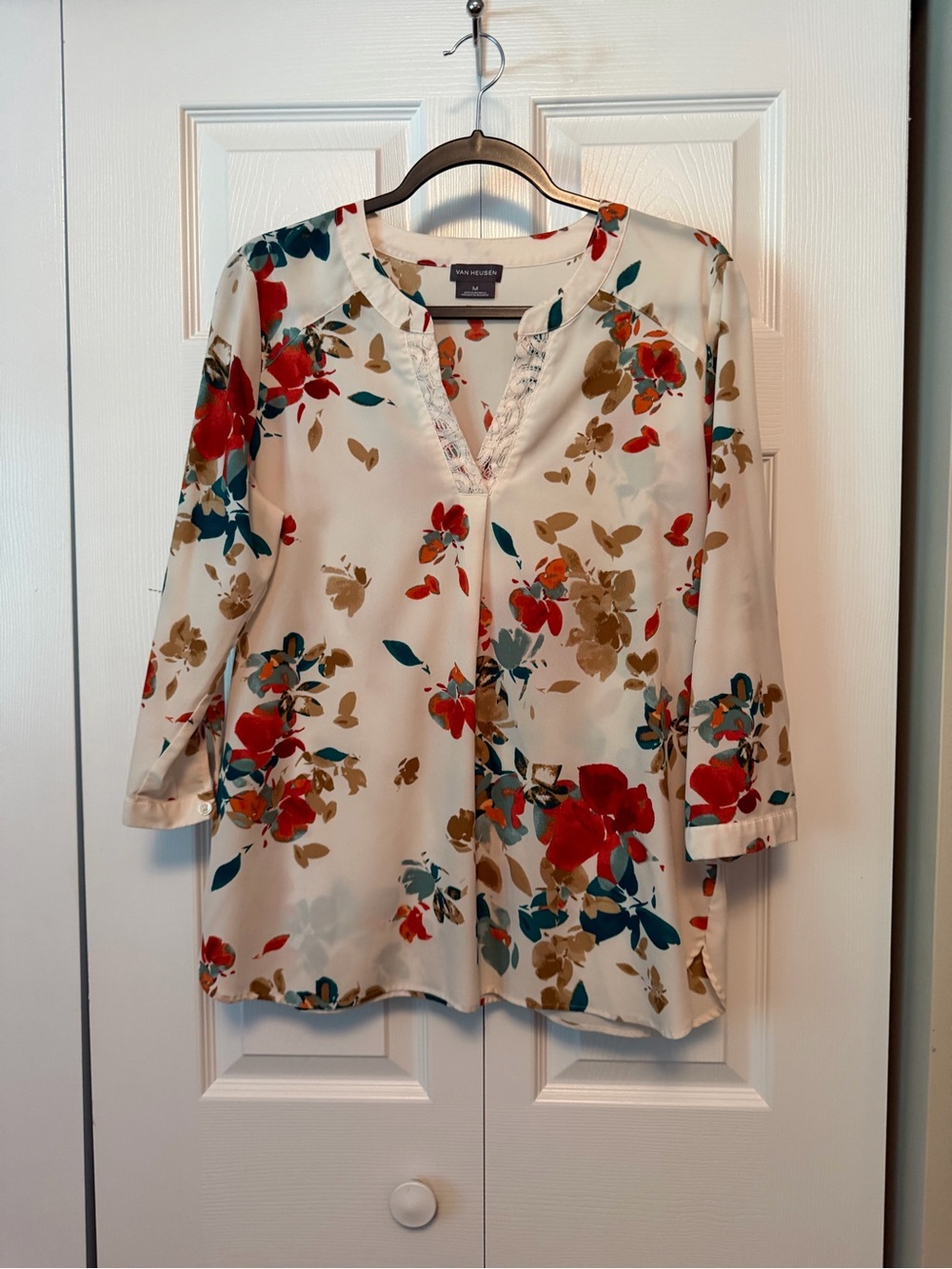 Van Heusen Cream Blouse with Red and Teal Floral Print and Tan Accents